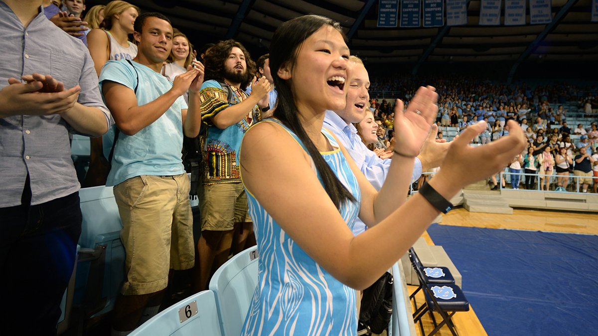Students cheer during New Student Convocation.