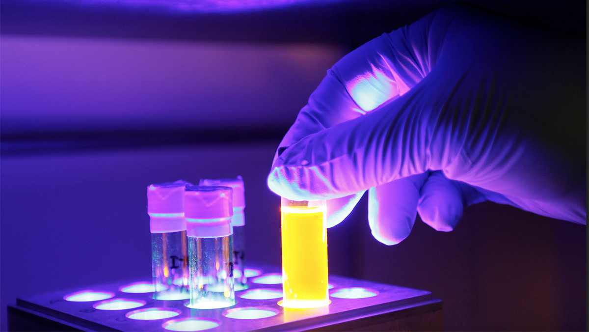 A graduate student sets up a light-driven reaction with an organic dye.