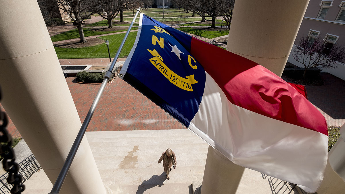 North Carolina flag flying over South Building.
