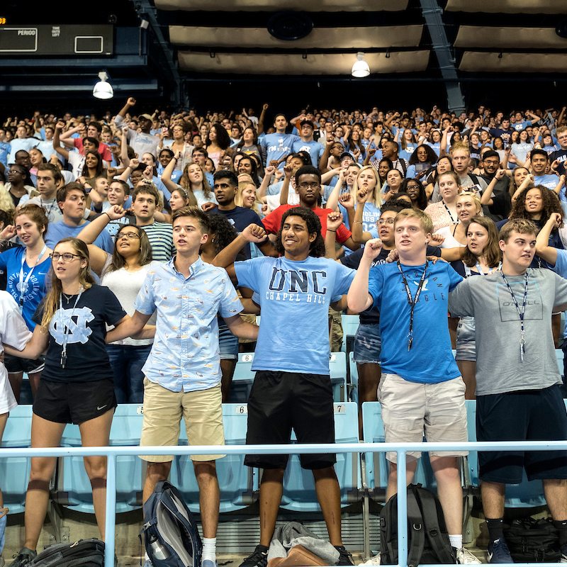Students cheer during New Student Convocation.