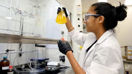 A student works in a research lab.