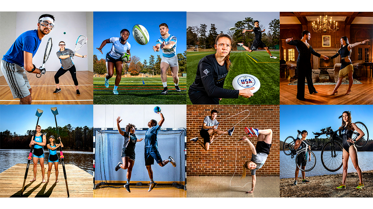 A collage of students playing sports.