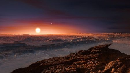 Rendering of Proxima b, a rocky exoplanet