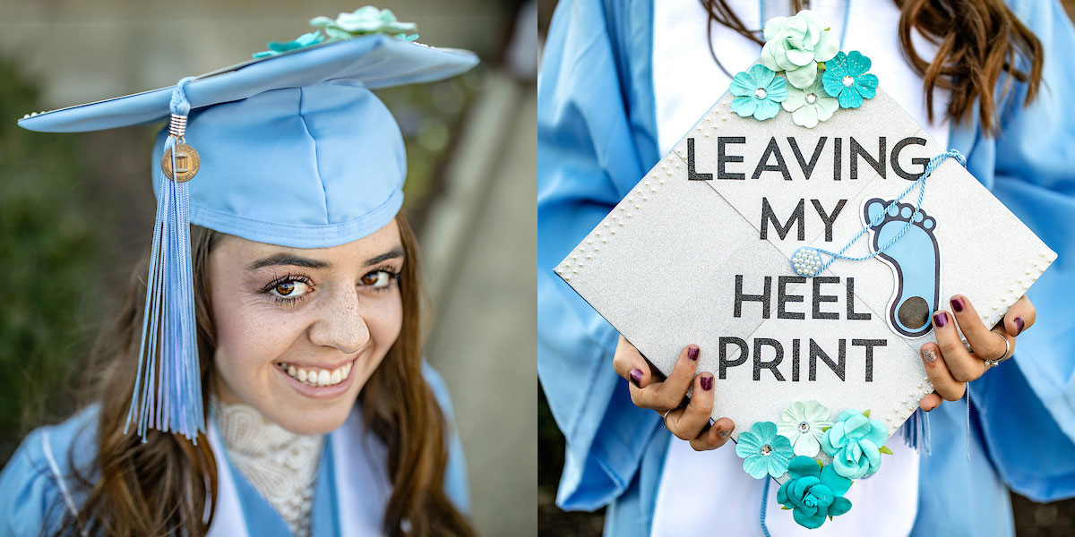 A graduation cap that says "Leaving my Heel Print."