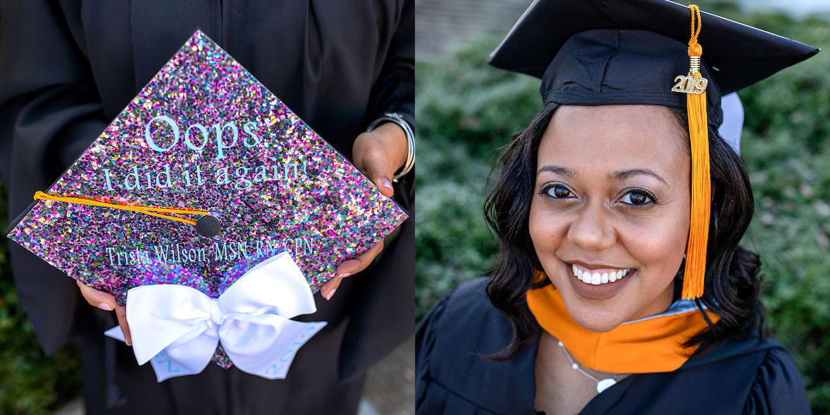 A graduation cap that reads "Oops, I did it again."