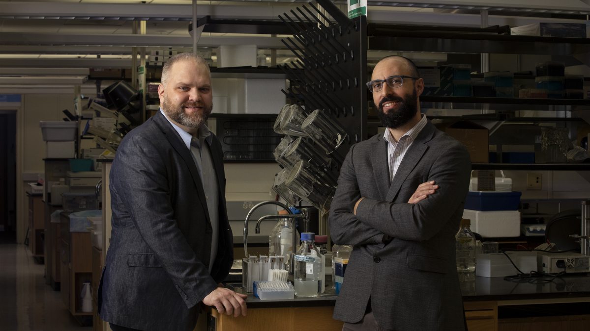 Todd Cohen and Jonathan Schisler in a lab.