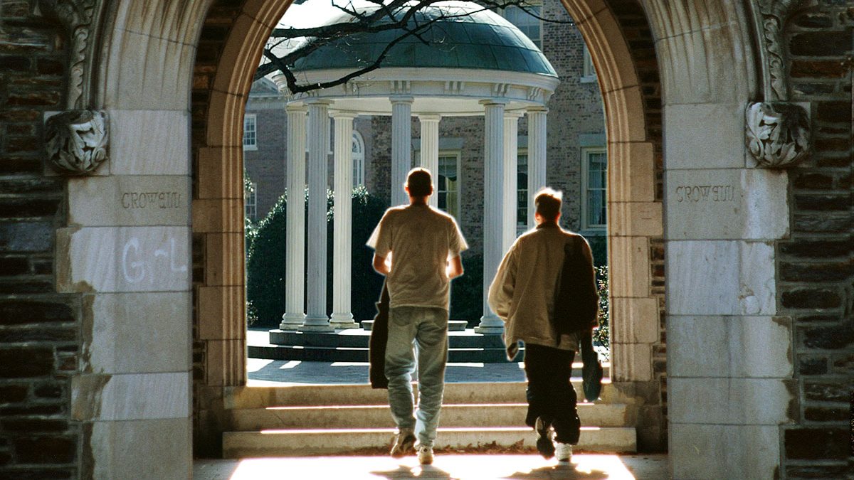 Students walking toward the Old Well