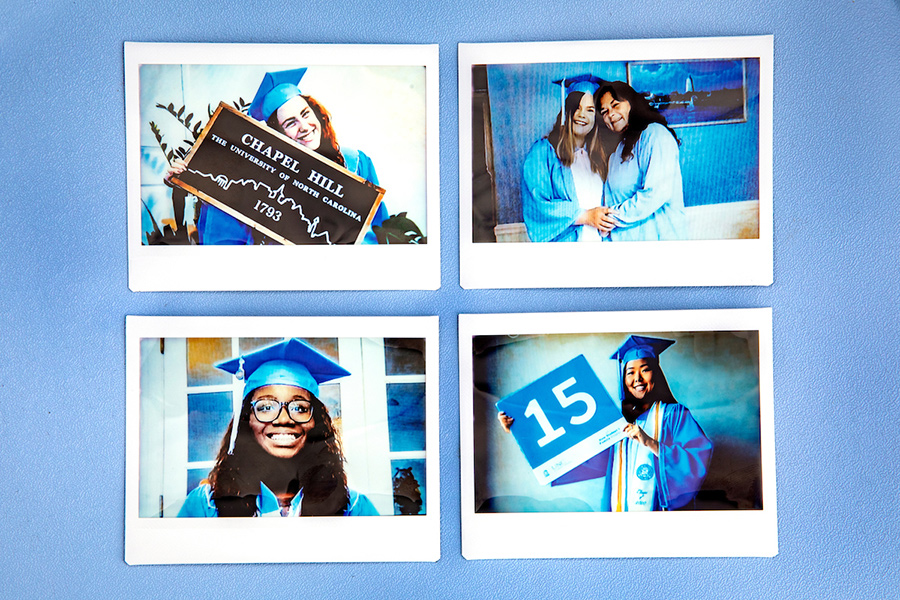 A collage of polariods of four students in caps and gowns.