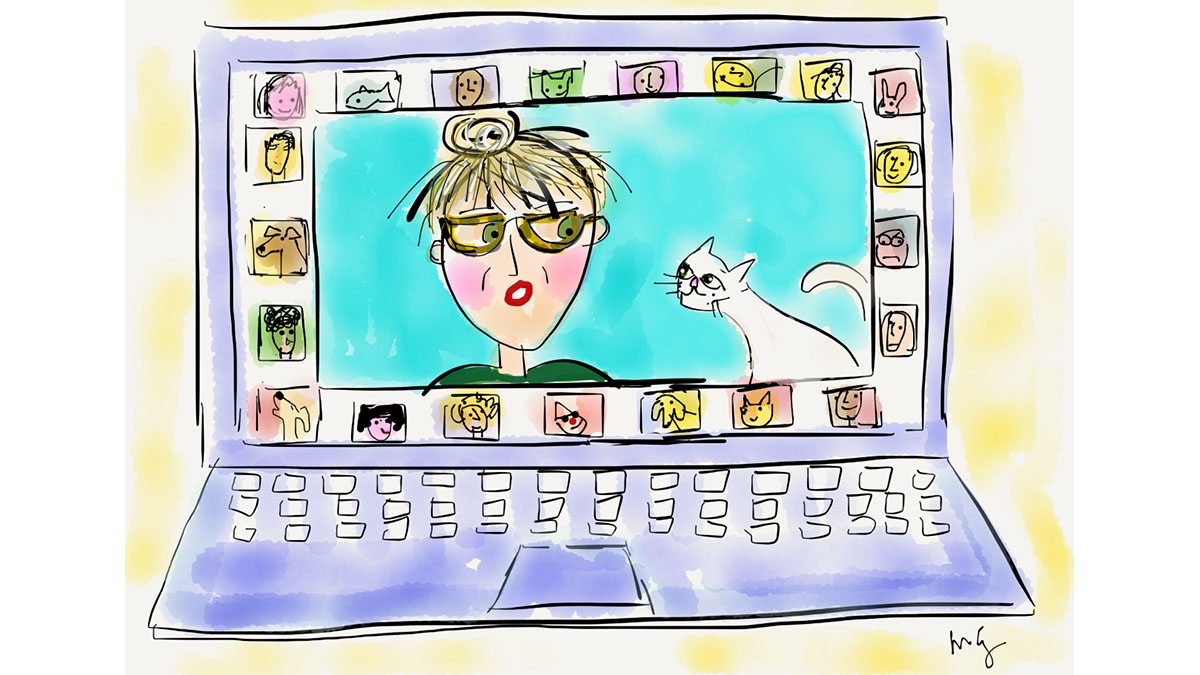 A drawing of a woman on a Zoom call.
