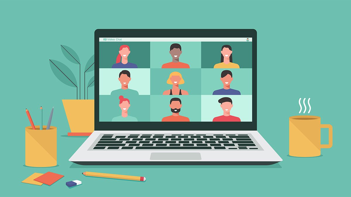 A graphic of people on a video call on a laptop.