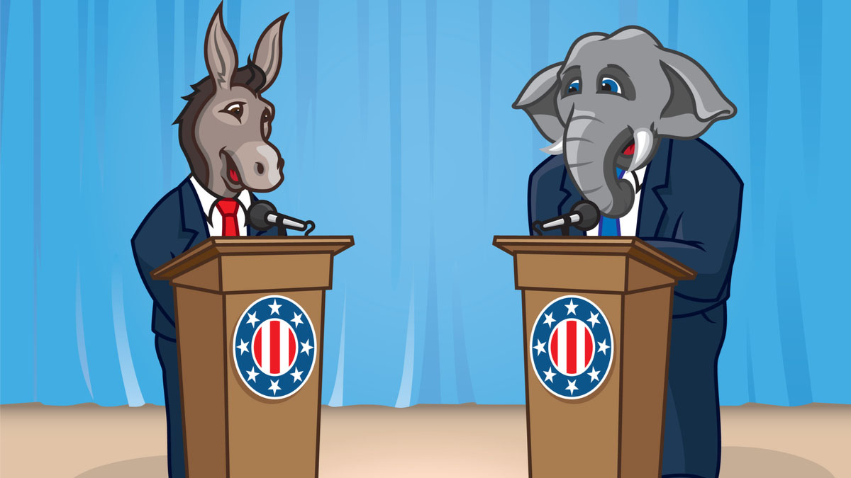 A cartoon of a donkey and elephant at debate podiums.