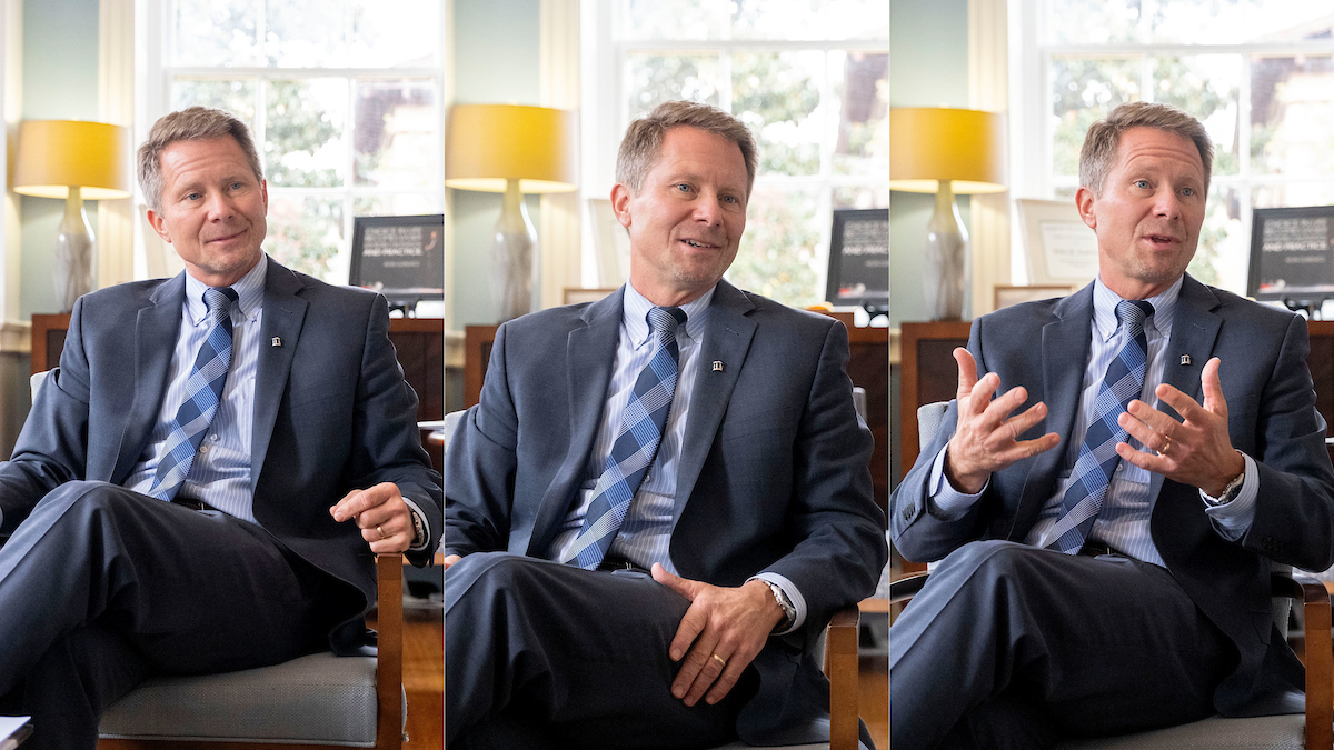 A collage of three photos of Chancellor Kevin Guskiewicz talking in a chair in his office.