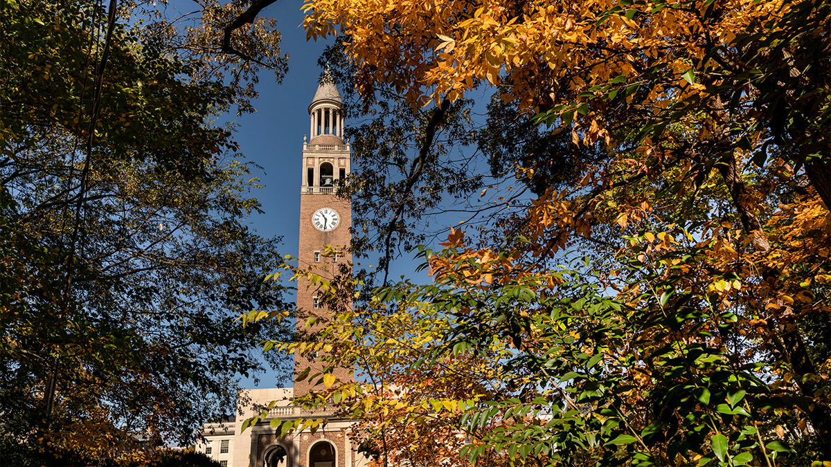 The Bell Tower with fall leaves.