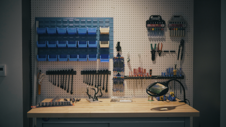A workbench with tools.