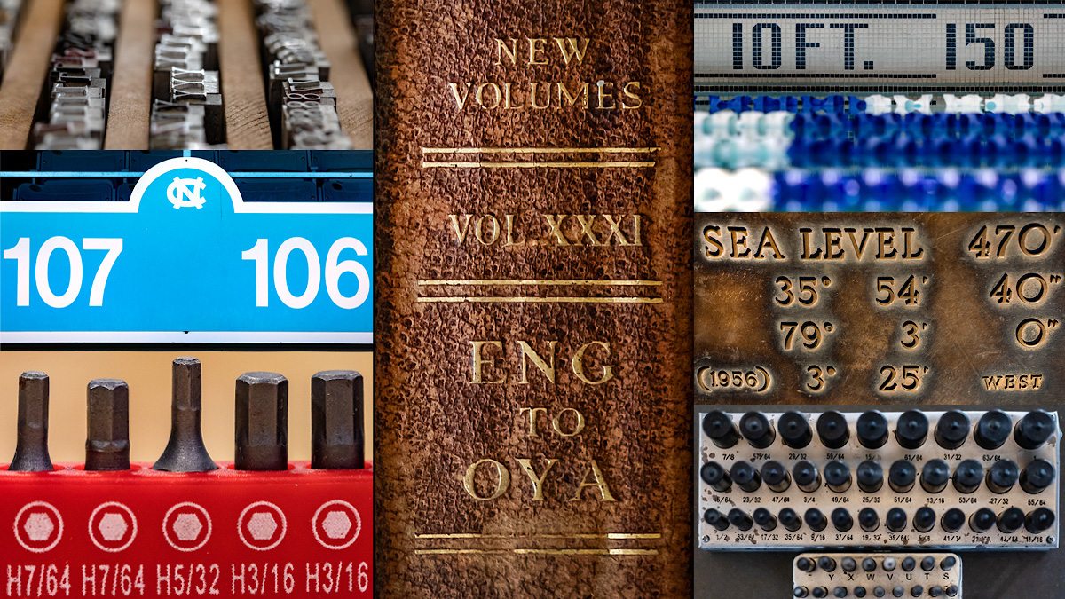 A collage of photos including metal lettertypes, a section sign of Kenan Stadium, drill bits, the spine of a book, the 