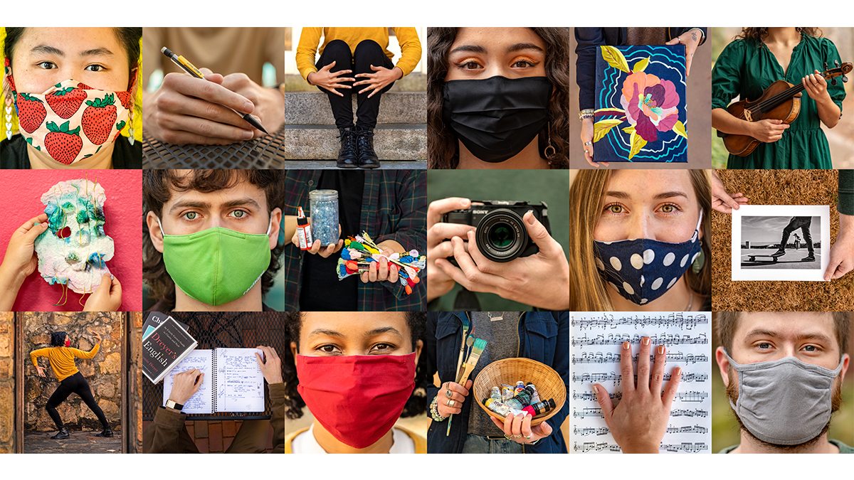 A collage of photos of people wearing masks and holding their art.