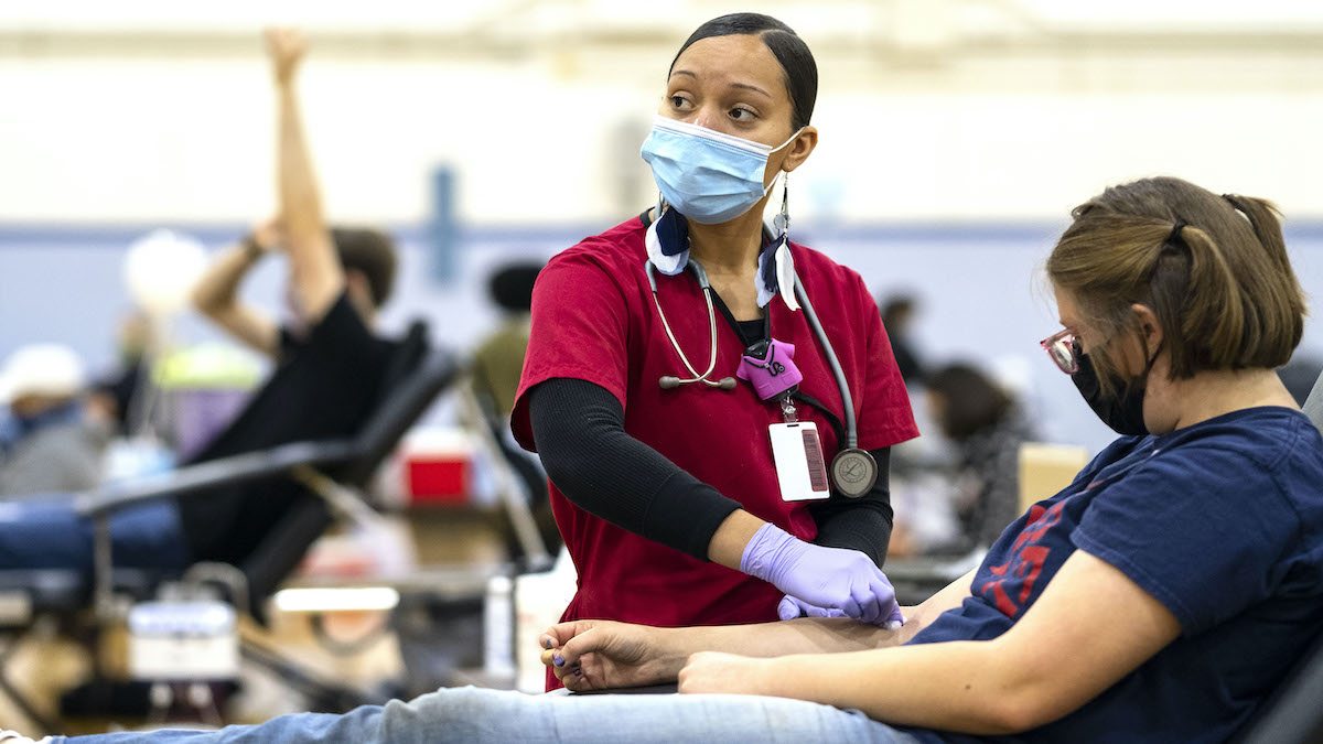 An American Red Cross nurse draws blood at the Carolina Blood Drive.