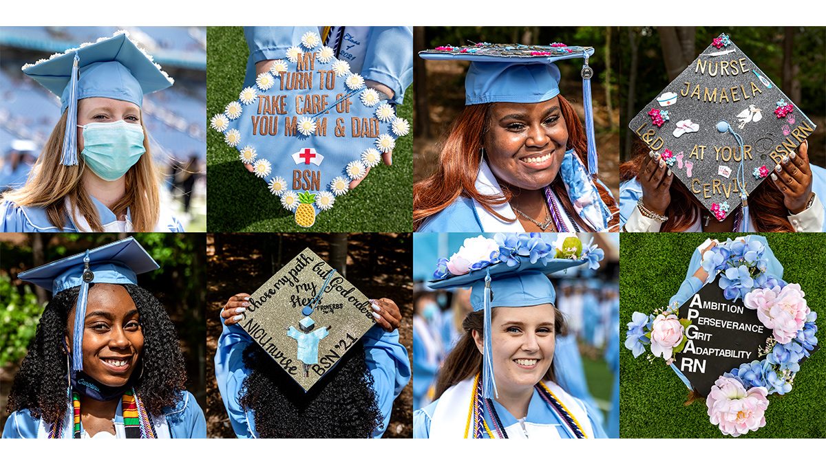 Students wearing graduation caps with designs on them.
