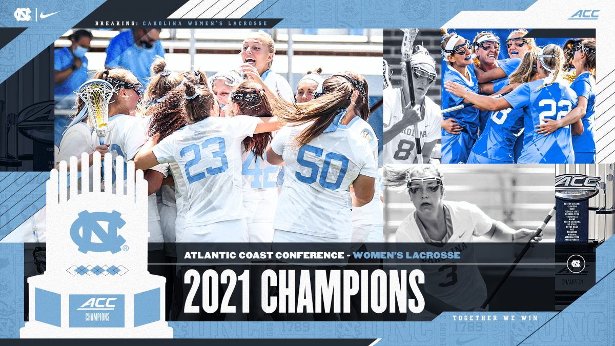Photos of the women's lacrosse team celebrating with text that reads 