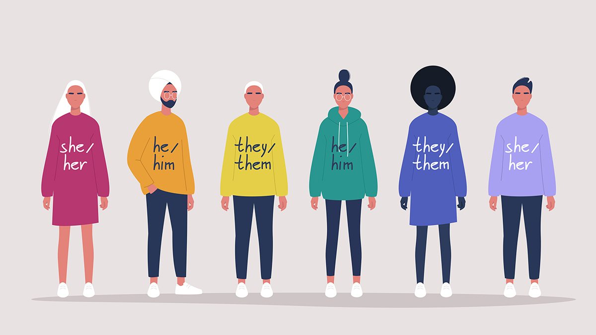 A drawn graphic of five people all wearing t-shirts with their pronouns on them.