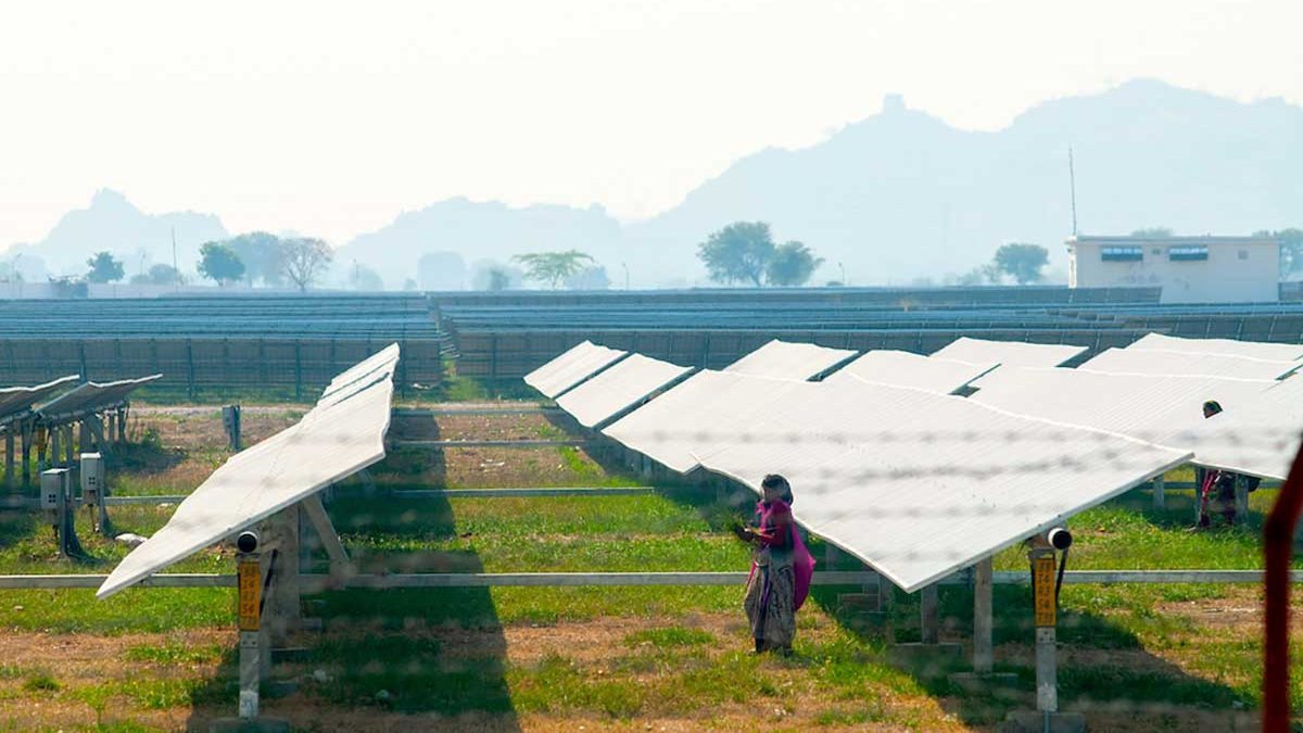 Solar panels in a field in India.