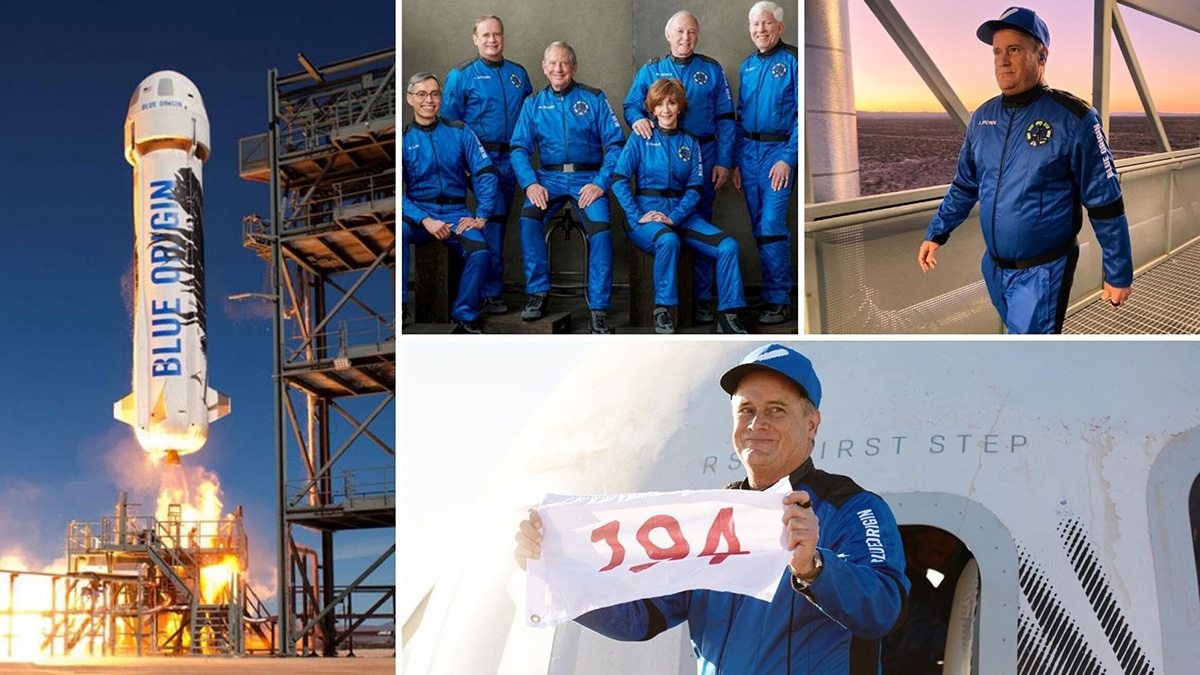 A collage of photos including Jim Kitchen with the flight crew, Jim walking and a rocket taking off.