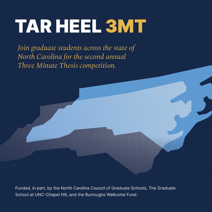 Tar Heel 3MT. Join graduate students across the state of North Carolina for the second annual Three Minute Thesis competition. Funded, in part, by the North Carolina Council of Graduate Schools, The Graduate School at UNC-Chapel Hill, and the Burroughs Wellcome Fund. Image of the state of North Carolina.