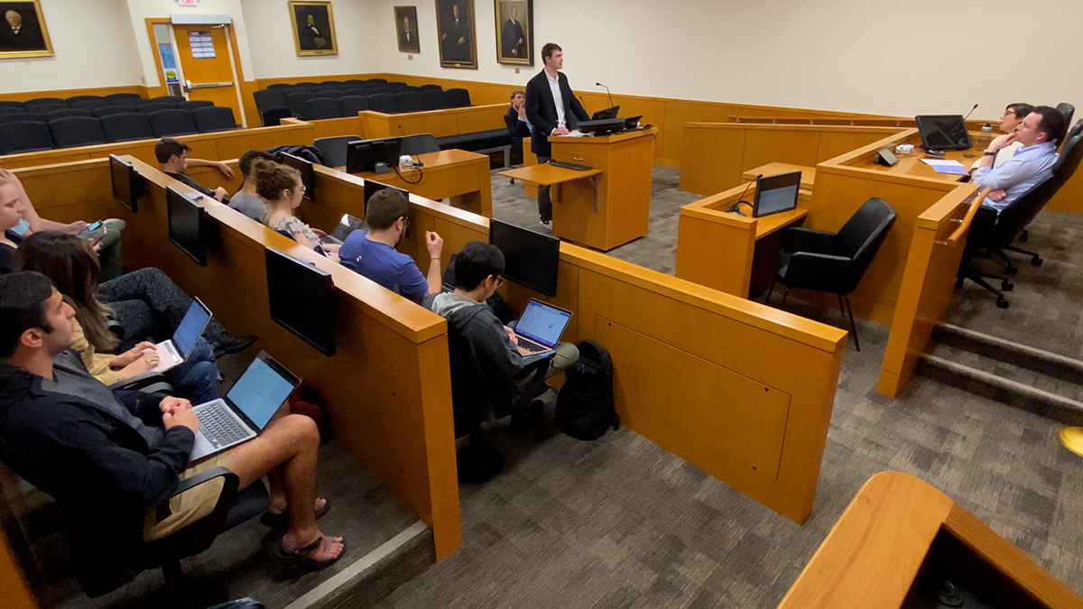 Students practicing in the courtroom.