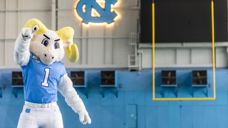 Rameses in the football practice facility.