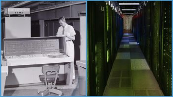 Collage of two photos: one a black an white of Carolina's early computers. The second a server room.