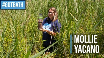 Mollie Yacano holding a soil sample and surrounded by phragmites