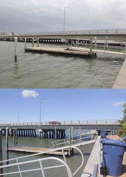 A before-and-after look at water-level rise around the Wrightsville Beach bridge during a king tide. 