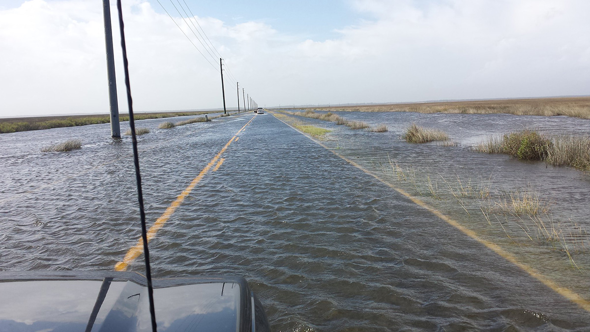 A flooded highway on the coast of North Carolina