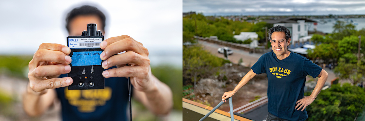 A person standing on a rooftop and a hand holding a air quailty instrument.