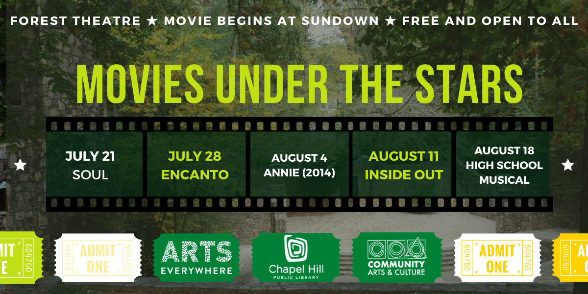 Text reads: Forest Theatre. Movies begin at sundown. Free and open to all. Movies Under the Stars.