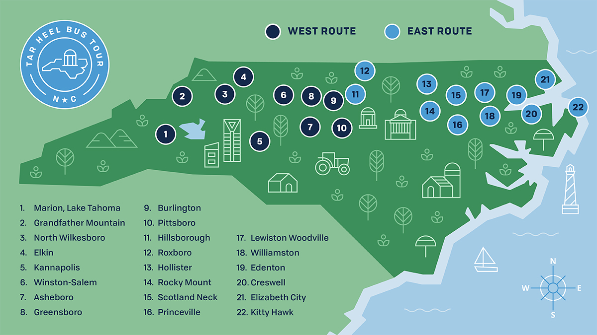 Map of North Carolina showing 22 stops on Tar Heel Bus Tour
