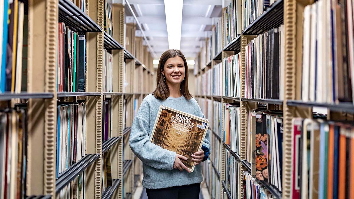 Caroline Norland works at the Music Library in Wilson Library.