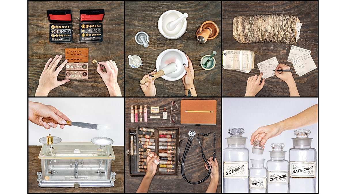 A collage of pharmacy tools, including weights, a scale, jars and a doctor's bag.