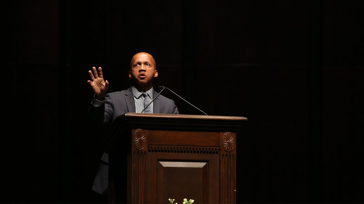Bryan Stevenson speaks to the community in Memorial Hall on Carolina’s campus in 2015. (UNC-Chapel Hill)