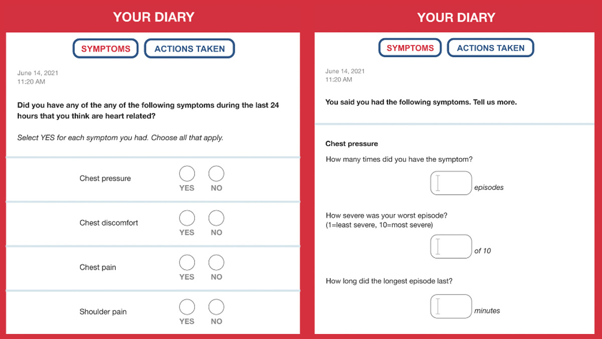 A screenshot of a diary that tracks heart attack symptoms. 