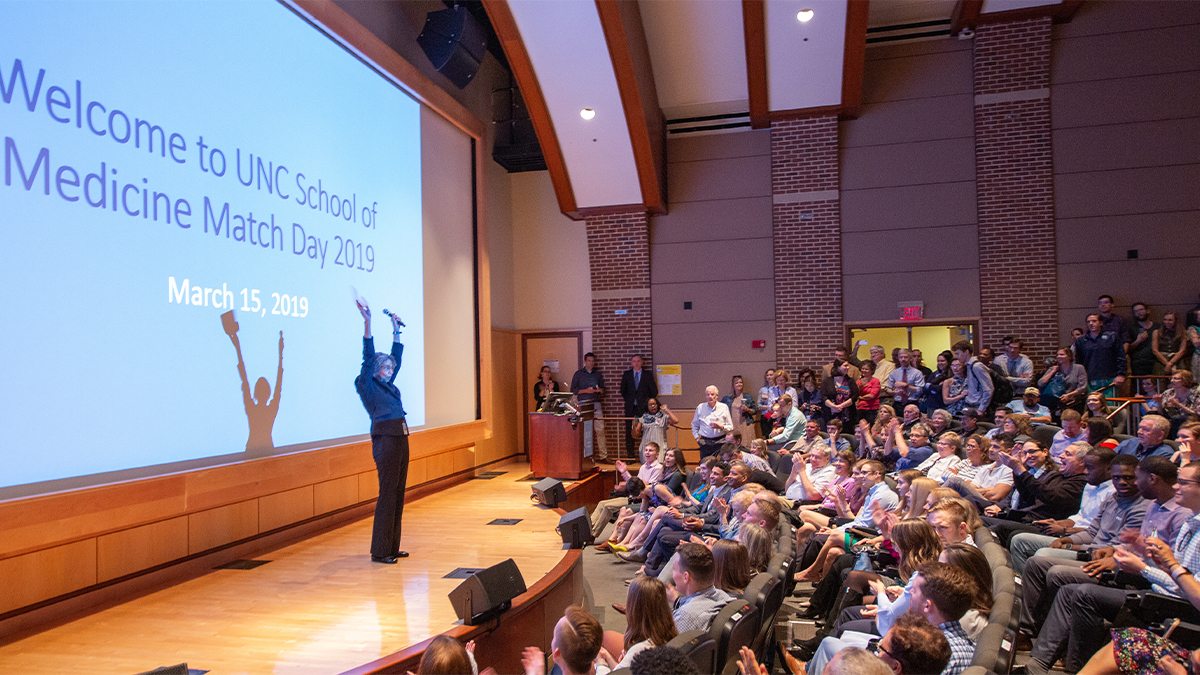 UNC School of Medicine students celebrate the at the last in-person Match Day celebration in 2019.