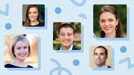 Headshots of award winners on a light blue background with darker blue design elements like circles and zigzags.