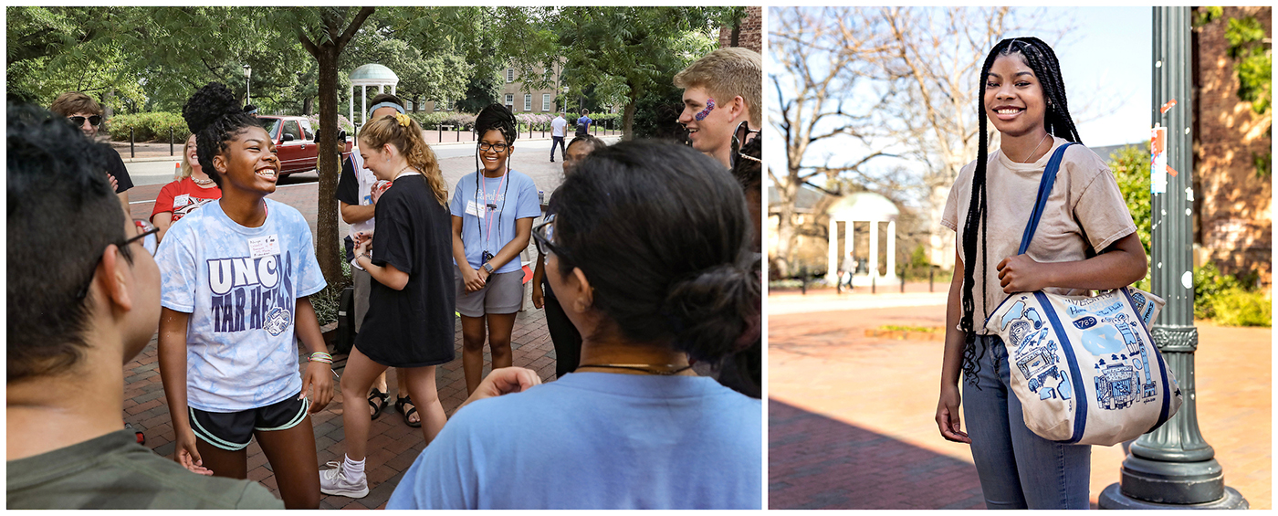 raduating seniors look back at images of themselves during their first year on the UNC campus