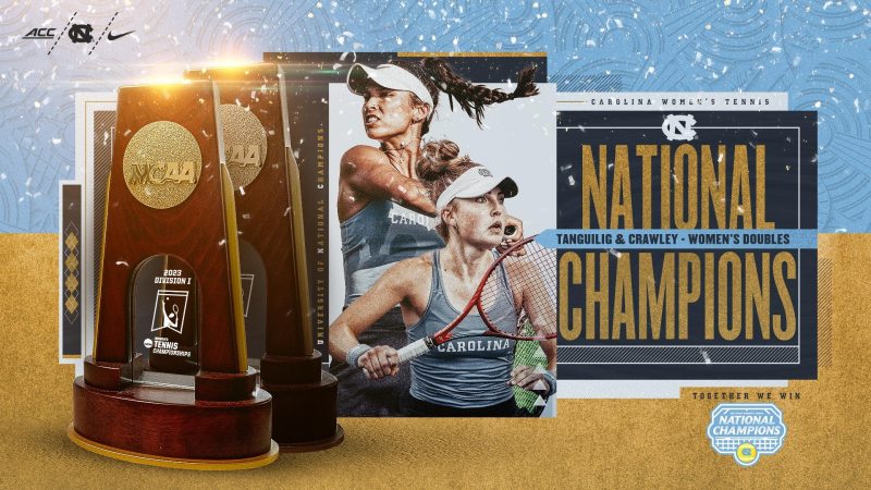 Graphic of an NCAA trophy, two tennis players and text that says Tanguilig and Crawley, Women's Doubles National Champions