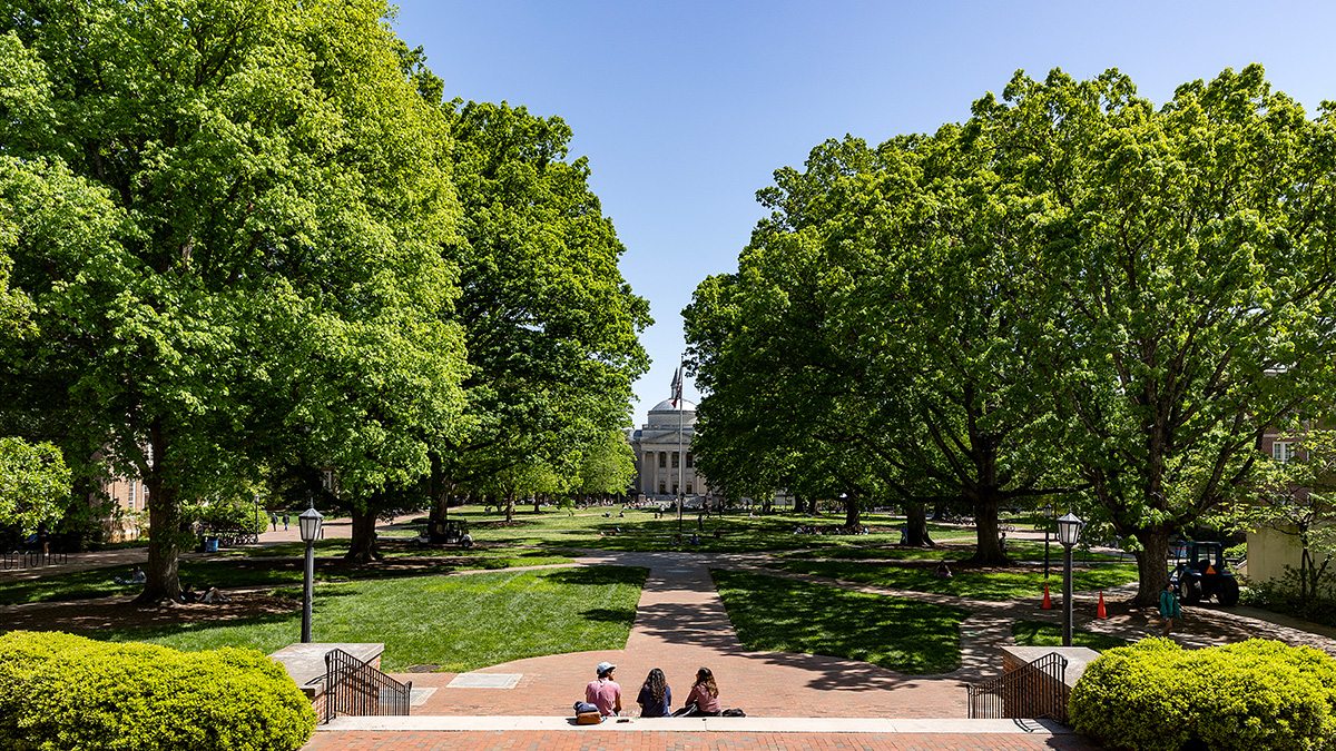 Students sitting on Polk Place.