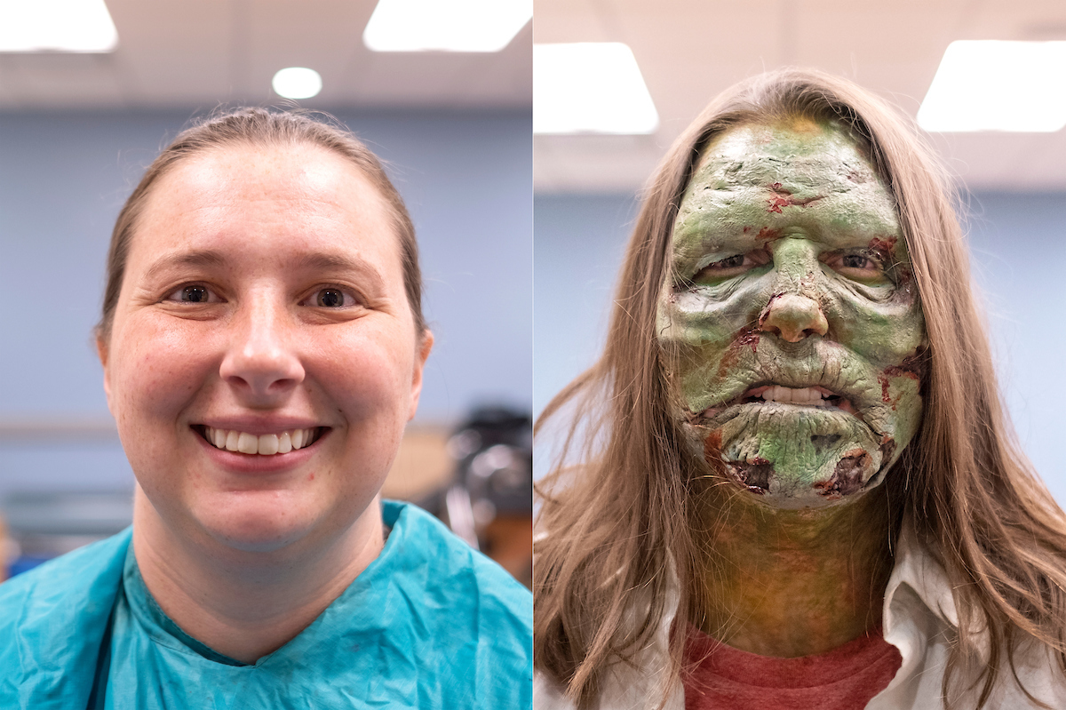 Nathalie Donaghy, an ITS network analyst, before and after her zombie treatment