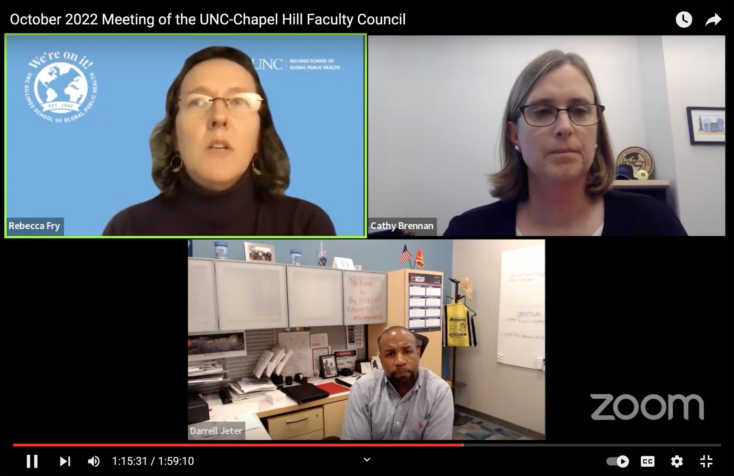 Screengrab of virtual meeting showing Rebecca Fry, Environmental, Health and Safety Executive Director Cathy Brennan and Emergency Management and Planning Director Darrell Jeter discuss what is being done about lead in campus water fixtures.