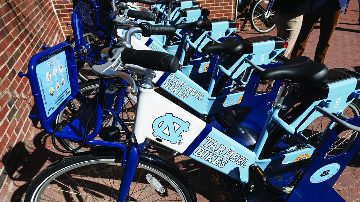 A line of bikes that are part of the Tar Heel Bike share program.