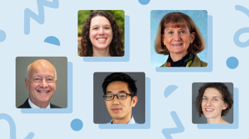 Portraits of faculty members on a blue graphic.