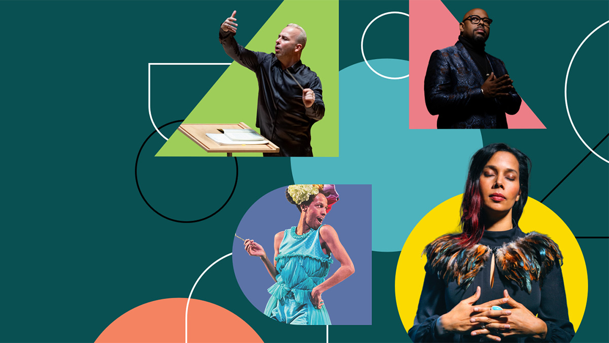 A graphic with a dark green background with overlayed traingular and circular shapes shaded orange, purple, teal, pink and light green. Also featured are pictures of four artists.